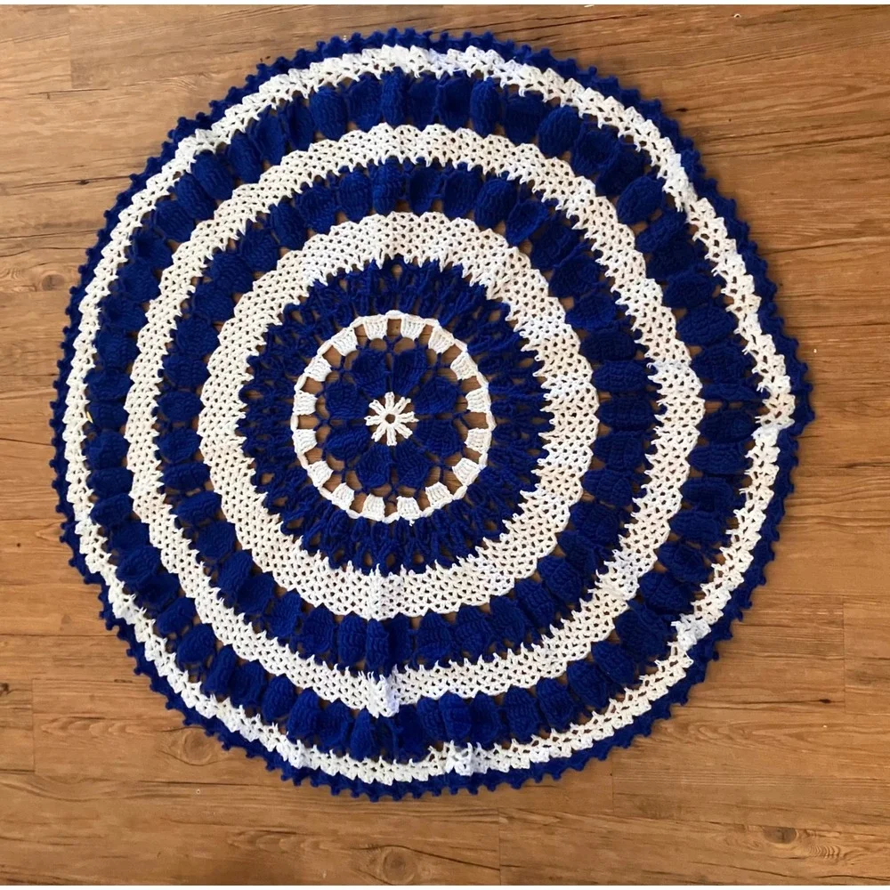 Handmade Mandala Crochet Round Throw Blanket Blue White Popcorn Afghan